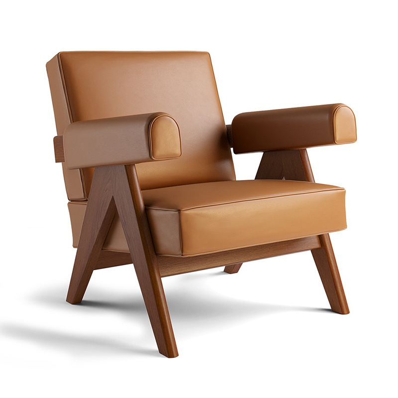 Estilo japonés ocio cuero tela sofá silla para sala de estar sola madera maciza minimalista negociación retro sofá