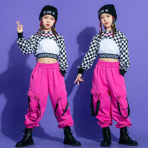 Plaid with hot pink hiphop rapper Street dance costumes for girls children's tide drum model show gogo dancers performance clothes 