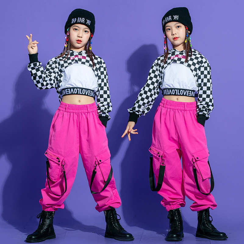 Plaid with hot pink hiphop rapper Street dance costumes for girls ...