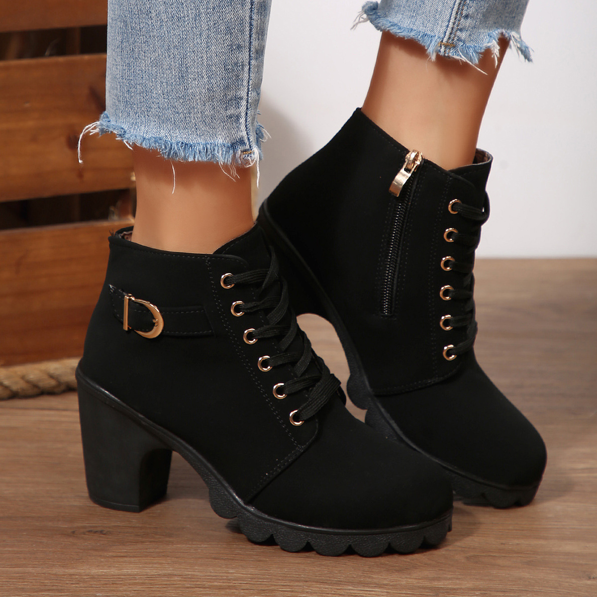 ShoeVault Women's Leather Low-Cut Chunky Round Toe High Heel Lace-Up Brown Ankle Boots Spring Autumn Plus Size Height Increasing_vogvips.com