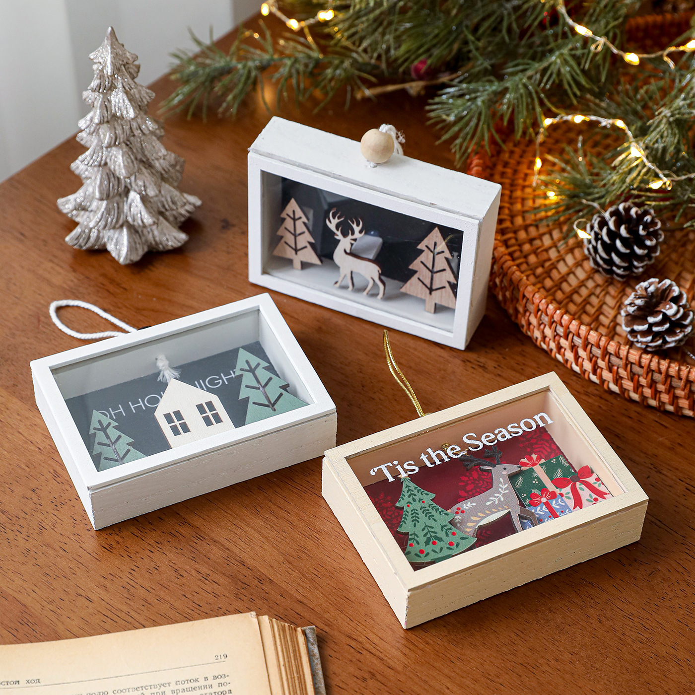 Nuevos colgantes de madera transfronterizos caja de decoración de escritorio tridimensional de alta calidad alce decoración de árbol de Navidad diseño colgante