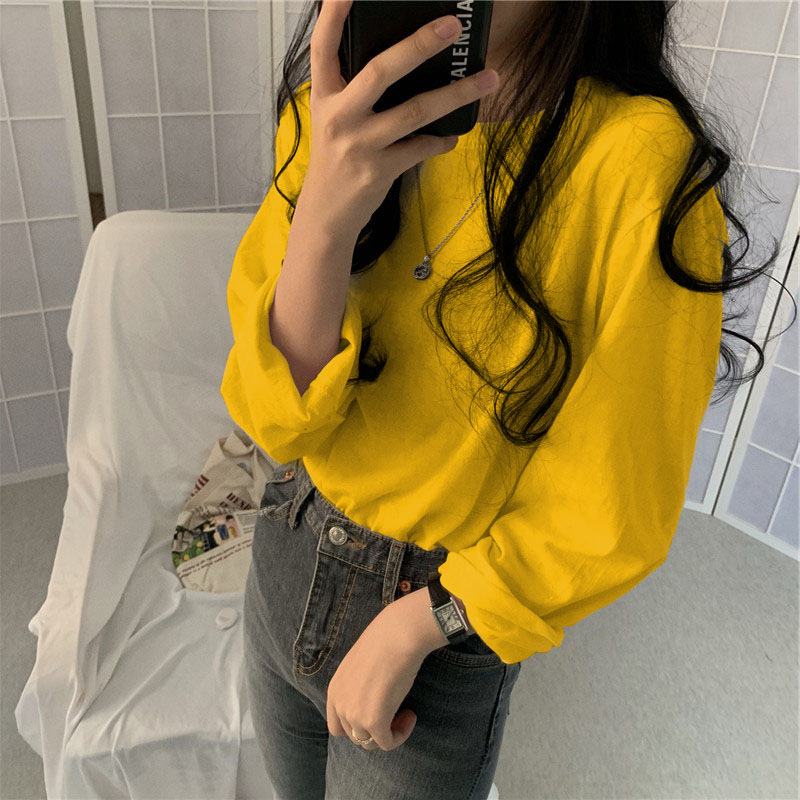 Camiseta básica blanca para mujer, estilo BM de manga larga, nueva colección de principios de otoño 2025, versión coreana, camiseta holgada negra con cuello redondo. image 9