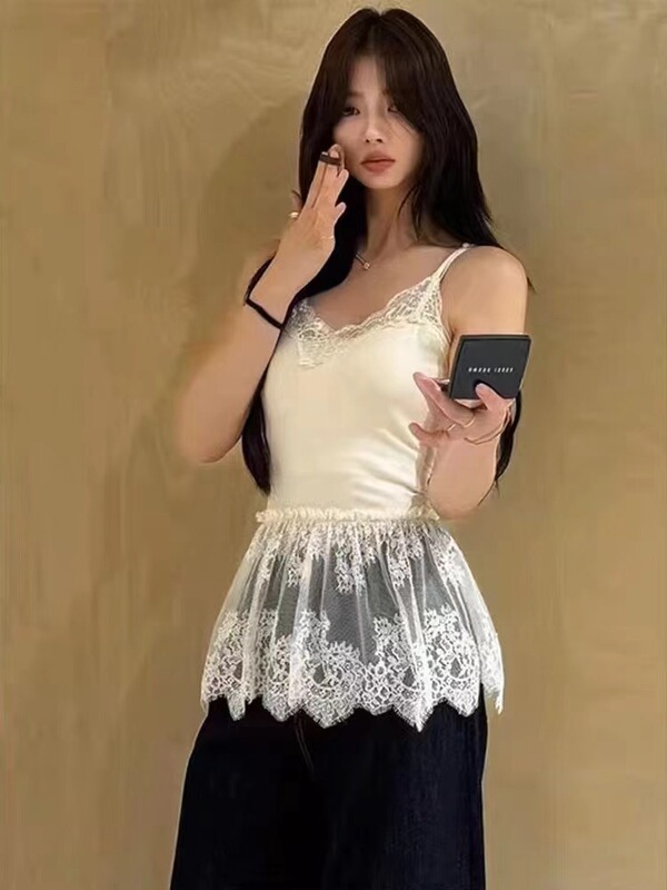 1085 # Elegant V-Neck Lace Camisole for Women with Layered Mesh and Ruffle Details in a Casual Style 1085 # Elegant V-Neck Lace Camisole for Women with Layered Mesh and Ruffle Details in a Casual Style