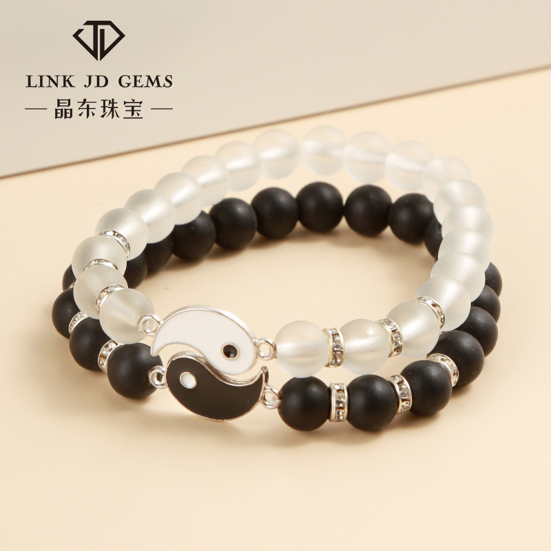 Jingdong Jewelry Frosted Black and White Glass Yin Yang Tai Chi Couple Bracelet Personality Single Circle Round Bead Bracelet Wholesale