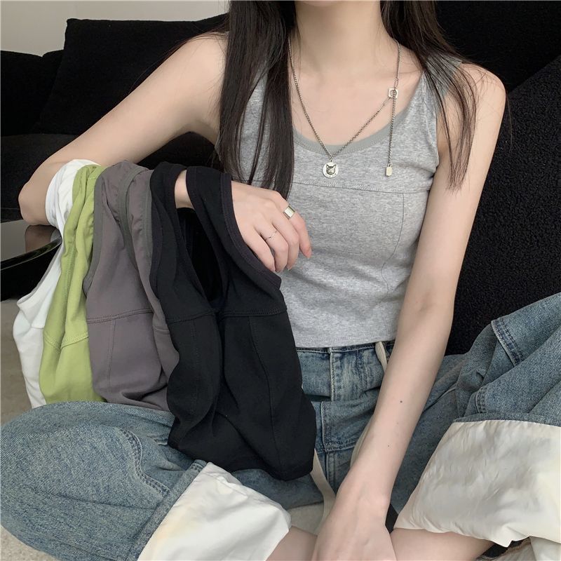 Square neck, backless, camisole top for women, one-piece fixed breast padding, base layer bra, sleeveless short top for outerwear.