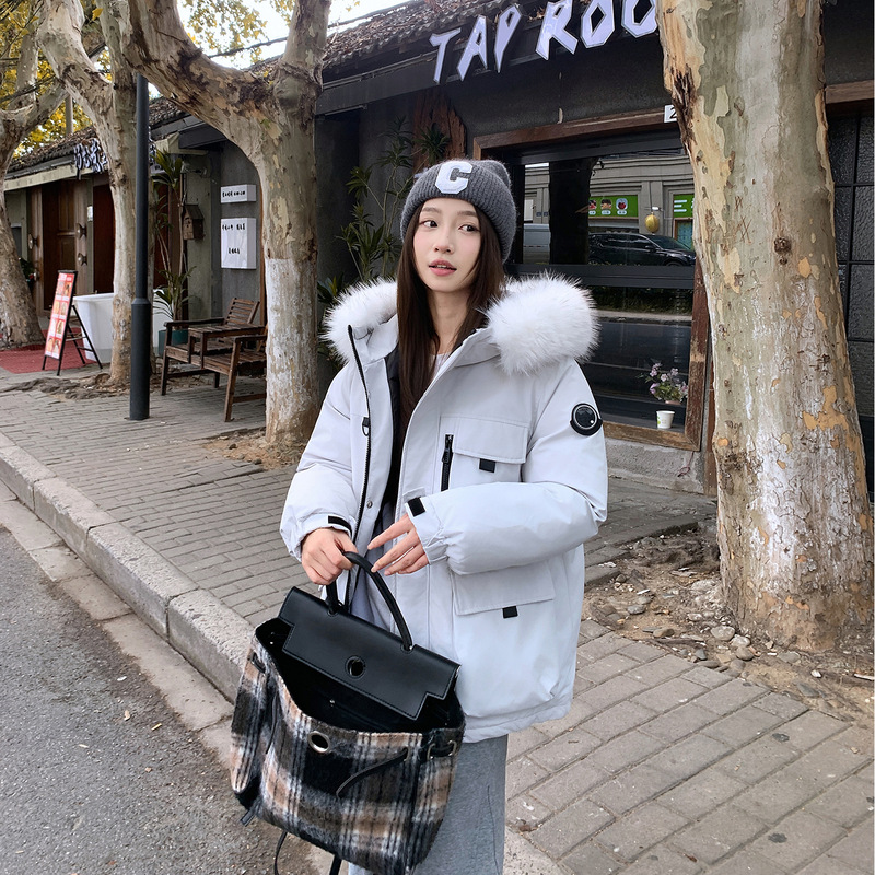 2025 White Duck down Jacket Women's Short Workwear Parka Winter Jacket Large Fur Collar Jacket Thickened Loose