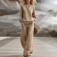 2025秋冬欧美亚马逊跨境浅棕色豹纹套装长袖修身卫衣复古休闲裤女