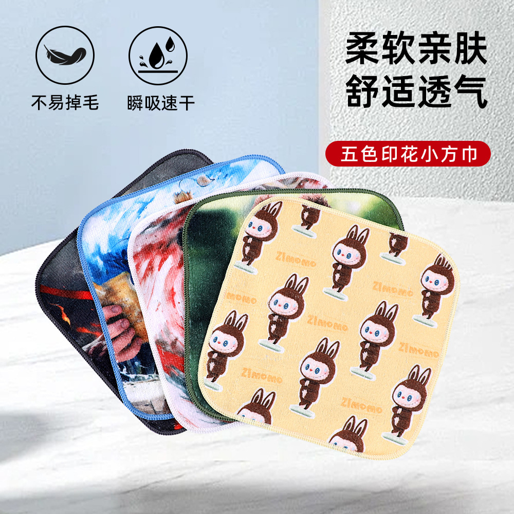 Factory Cartoon Square Towel Polyester Brocade Printed Soft Skin-Friendly Hand Wiping Sweat Face Wash Handkerchief Kitchen Towel