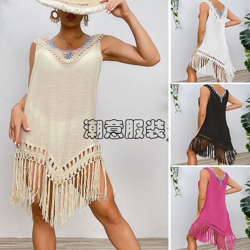 Cross-border vacation splicing colored hooked fur tassel V-neck pullover hollow perspective beach bikini shirt dress