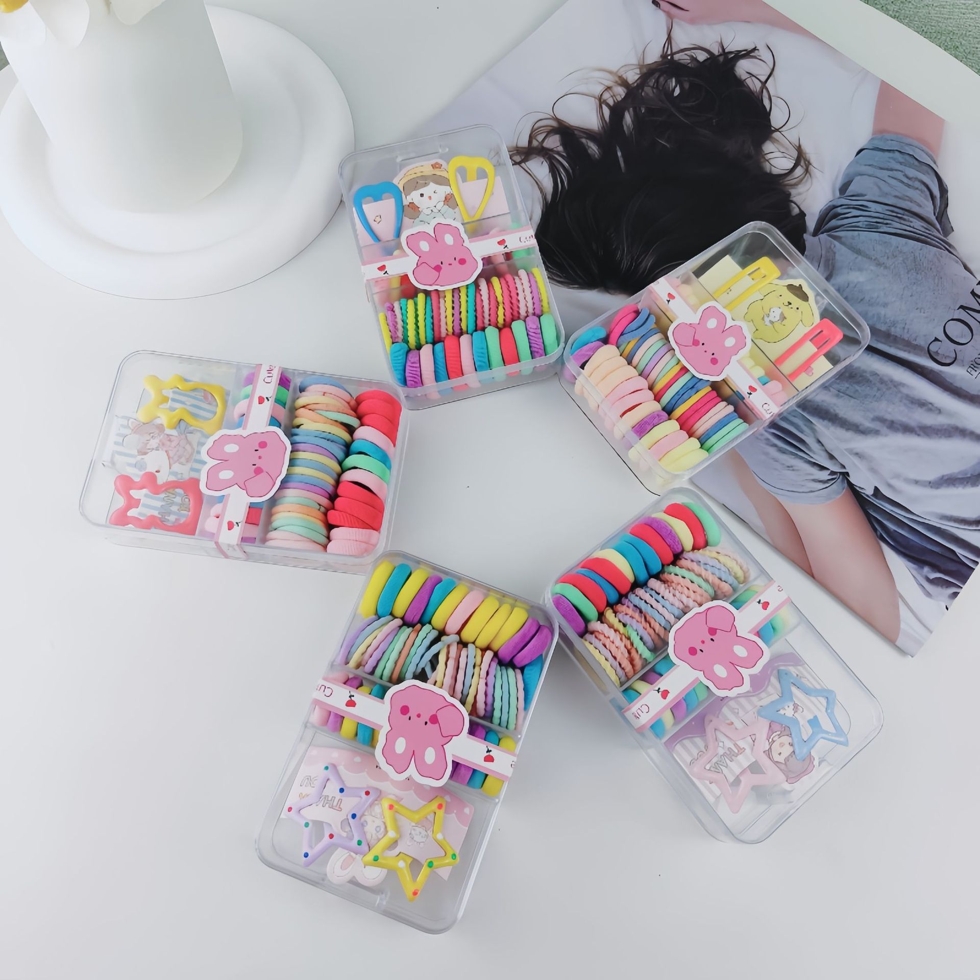Niños de color pulgar fideos anillo de cabello no daña cabello cuadrado caja de banda nuevo anillo no daña cabello conjunto de combinación