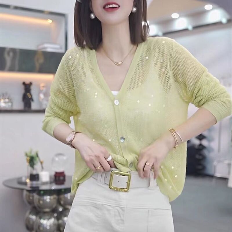 Sequined Hollow-Out Thin Knit Cardigan for Women, Summer 2026 New Style, Loose-Fitting Outerwear, Sun Protection Shawl Jacket
