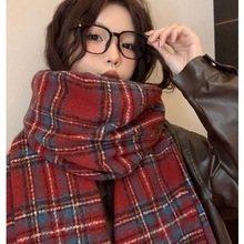 圣诞围脖秋冬季红色系围巾女保暖韩版高级披肩两用流苏格子新年款