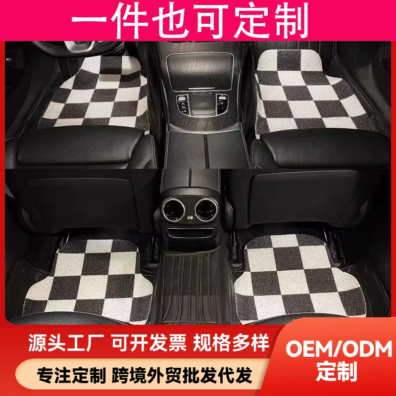 Трансграничные черно-белые клетчатые автомобильные коврики с проволочными кольцами, пятиместный автомобиль, устойчивый к пятнам, универсальная модель, полный комплект для водителя и пассажира