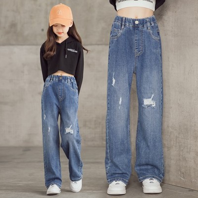 girl trousers spring and autumn Exorcism Western style 2021 new pattern CUHK Thin section Easy Autumn children Broad leg Jeans