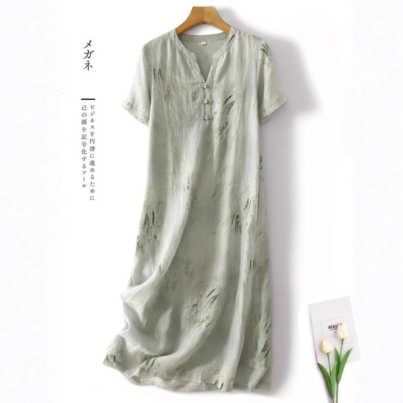 New Chinese Style Button V-Neck Ramie Cheongsam Dress for Women Summer Classy Retro Chinese Style Bamboo Leaf Printed Cotton and Linen Long Skirt New Chinese Style Button V-Neck Ramie Cheongsam Dress for Women Summer Classy Retro Chinese Style Bamboo Leaf Printed Cotton and Linen Long Skirt