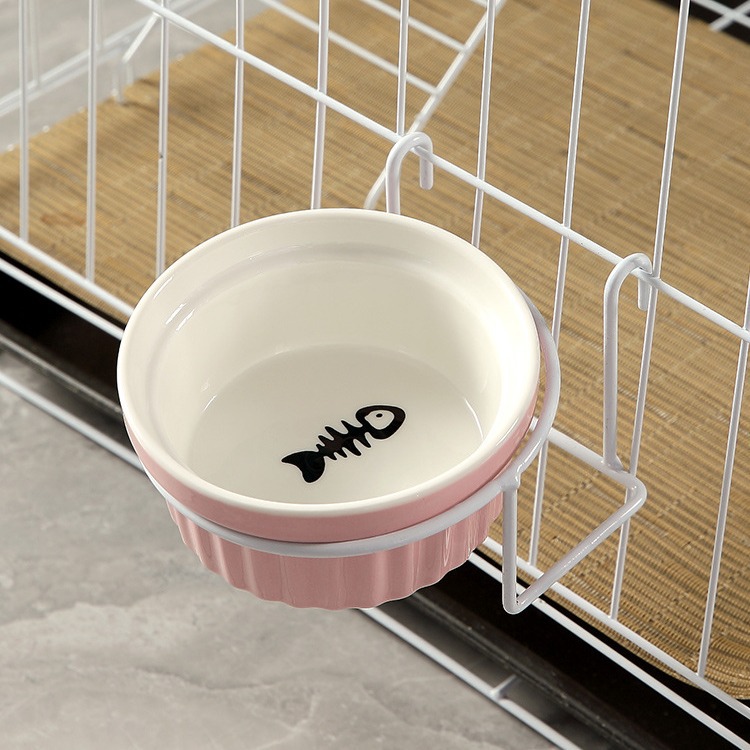 Fábrica al por mayor tazón de fuente de gato de cerámica tazón de comida para gatos jaula colgante fijo tazón de comida para gatos antidetonantes vajilla para mascotas