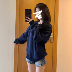 美式早秋圆领卫衣女秋季初中高中学生薄款无帽宽松慵懒风chic上衣