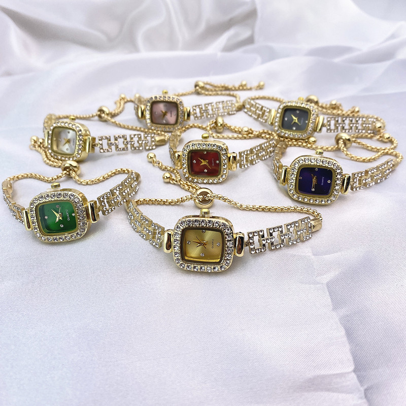 Cross-Border New Style Elegant and Fashionable Diamond-Encrusted Square Women's Watch Pull-Out Style Hollow Bracelet Watch for Women Foreign Trade Wholesale