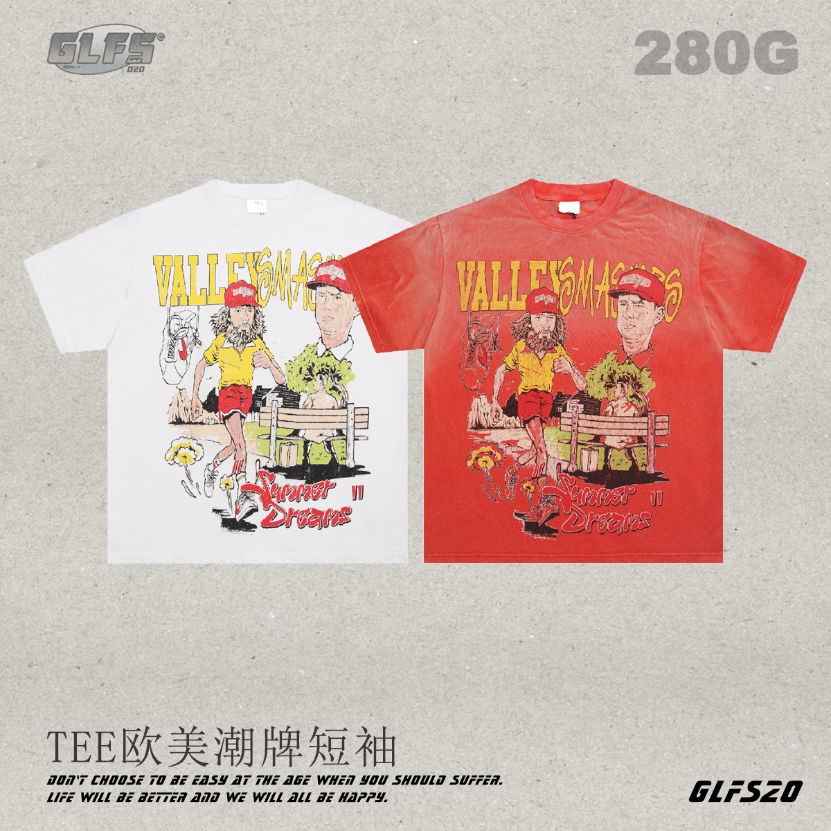 GLFS 25夏新品美式 阿甘正传印花百搭高街宽松短袖 高品质纯棉TEE
