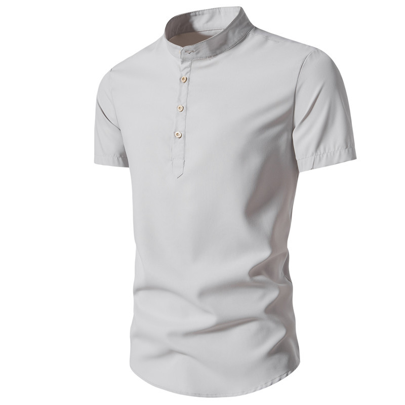 2023 caliente verano color sólido collar de pie camisa casual de los hombres de manga corta camisa de comercio exterior jersey de los hombres top ropa de los hombres