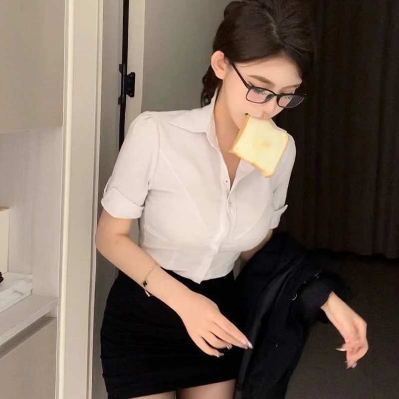 夏季新款收腰显瘦短袖纯欲OL制服套装女职业臀裙衬衫辣妹上衣|undefined