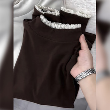 蕾丝花边长袖衣简约复古针织衫秋冬加厚小众亲肤加绒立领打底衫女