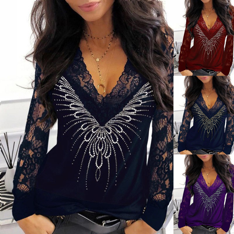 2024 Spring New Cross-Border Export Women's Clothing Supply Lace Print Stitching V Neck See-Through Long-Sleeved T-Shirt