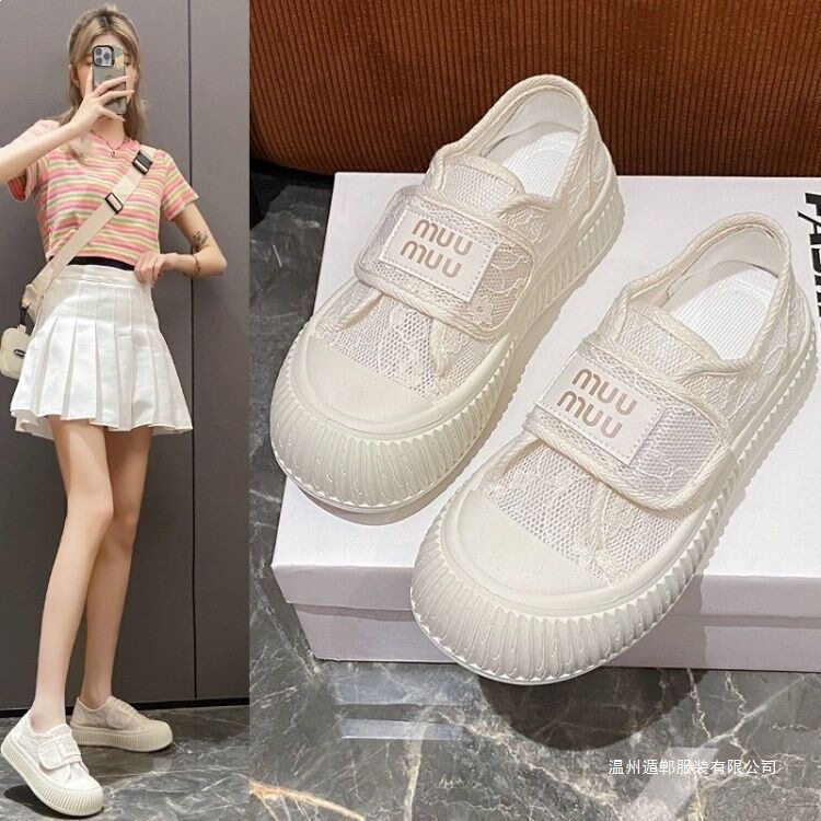 2025 Summer New Lace Trendy Versatile Casual White Shoes Thin Mesh Thick-Soled Sports Sneakers for Women