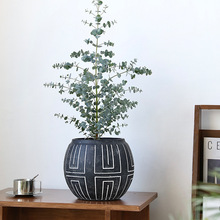黑色水泥灯笼花盆中尺寸可落地可桌面装饰复古几何线条创意植物盆