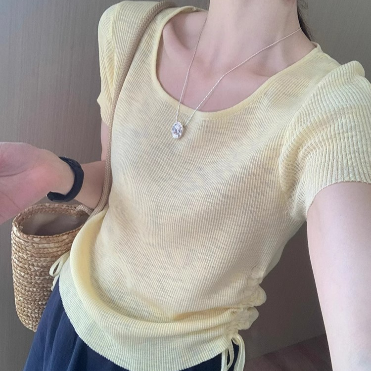 Casual Style Square Collar with Drawstrings on Both Sides, Short Sleeves, 2025 New Summer Korean Style Casual Elegant Pure Color T-Shirt Top