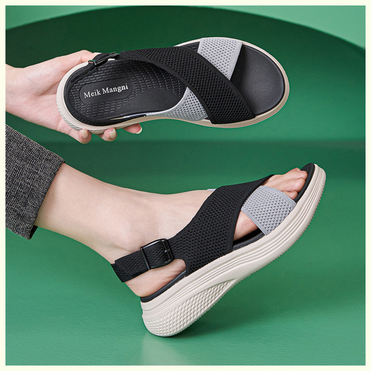 Sandal nữ quai chéo dệt kim phối dây rút, đế MD nhẹ êm — màu be, màu đen, xanh lam, màu hồng chi tiết 1