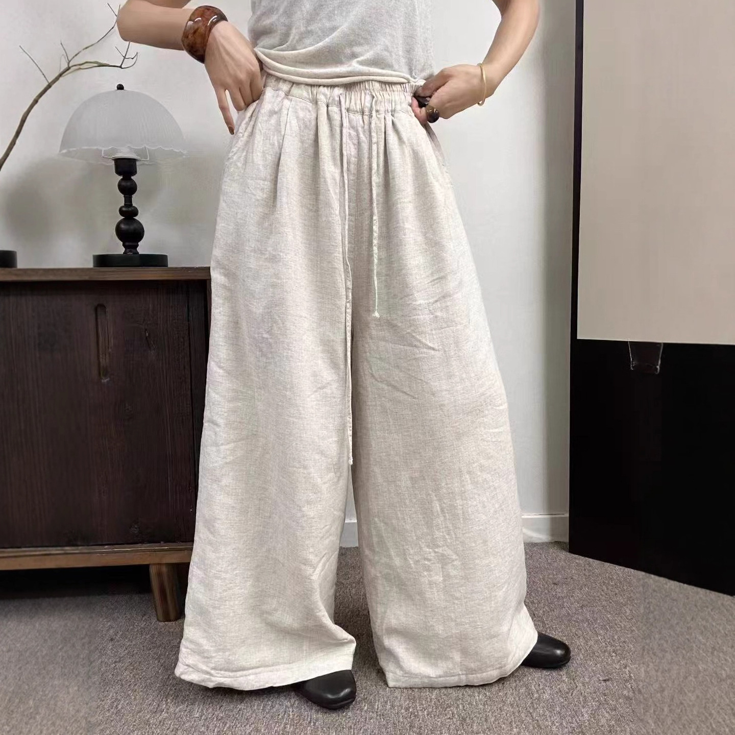 淑女风韩版宽松文艺风高端亚麻夹棉松紧腰阔腿棉裤百搭休闲裤女
