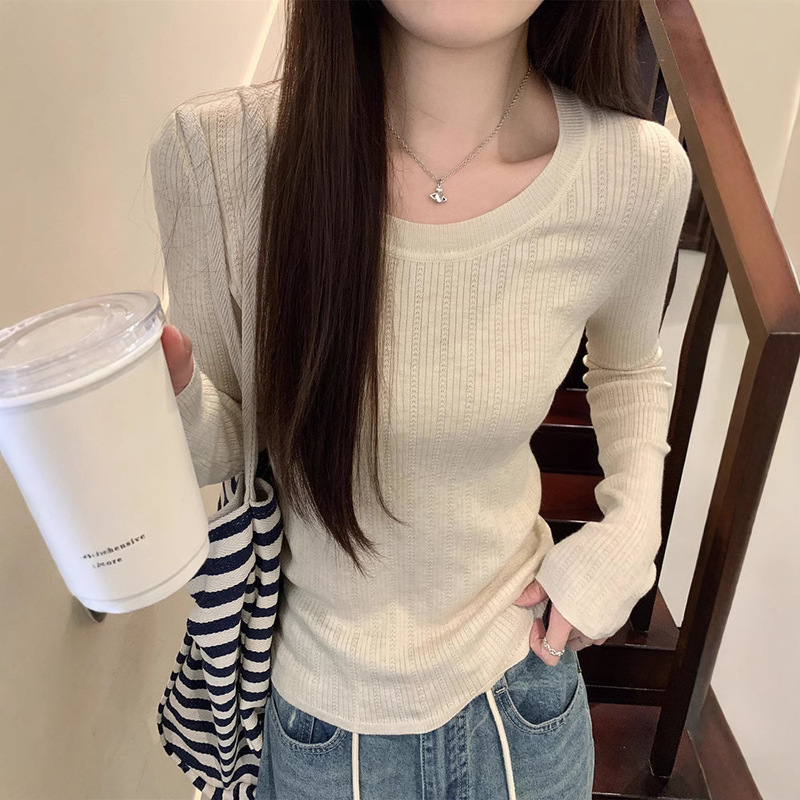 apricot Small Inner Long-Sleeved Pullover Sweater Women's Autumn and Winter Slim-Fit Slimming Short Base Shirt Top