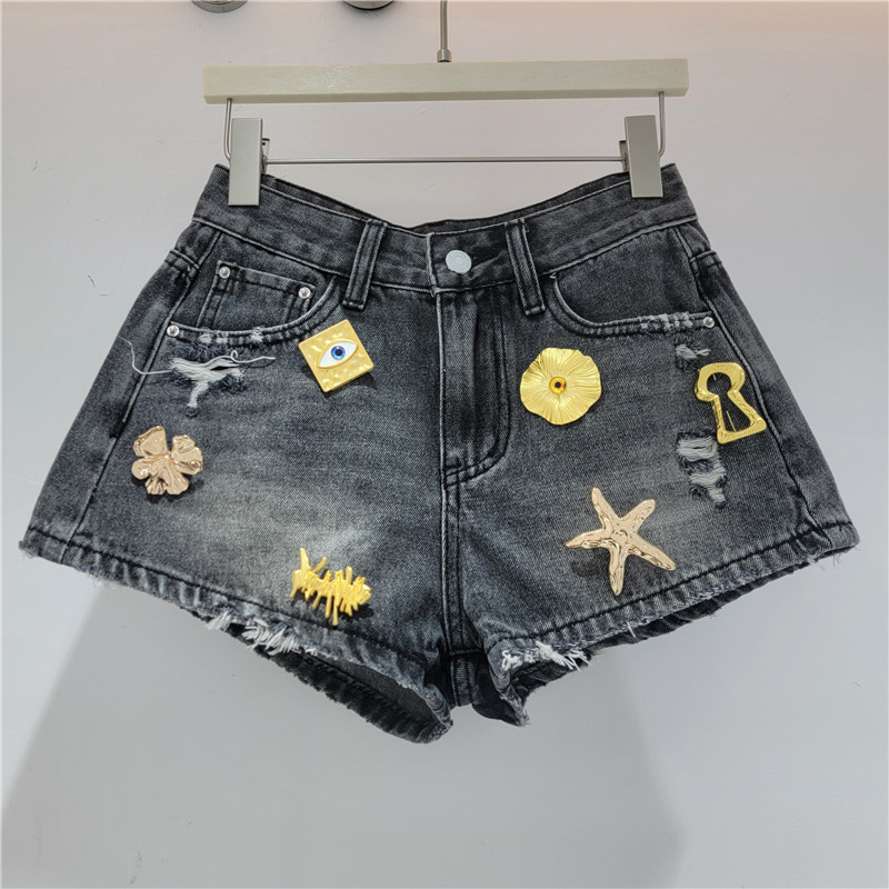 Pantalones Cortos de Mezclilla con Rotos para Mujer con Hebilla Metálica