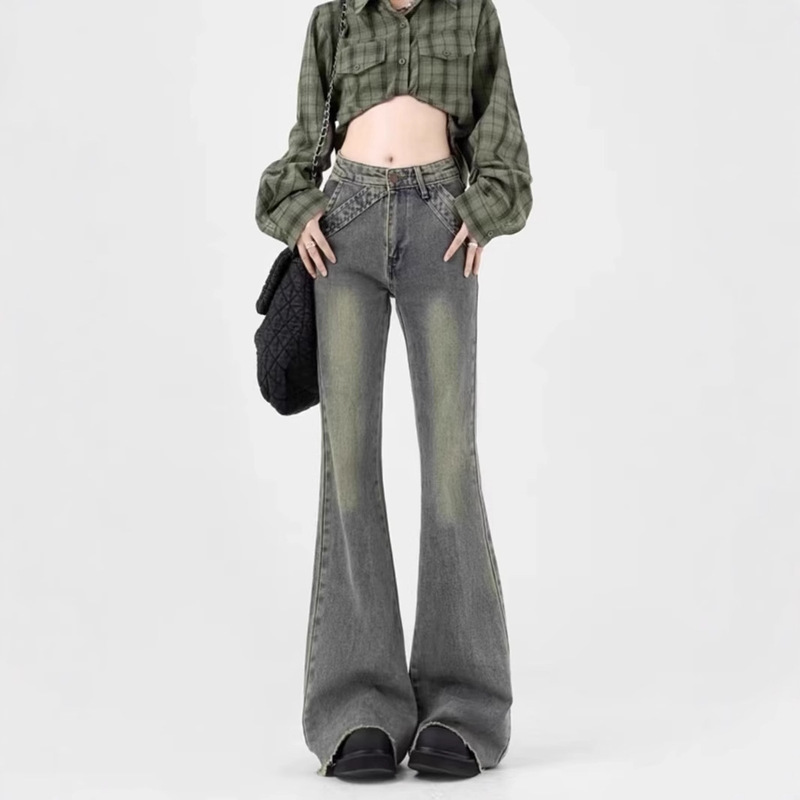 [Non-real shot] Retro Design Sense Micro-flared Jeans Women's Low-rise Spice Girl Stretch Casual Mop Pants