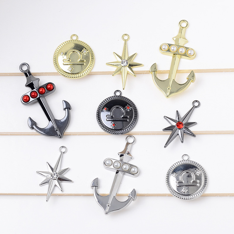 In-stock alloy accessories and jewelry, fashionable and unique micro-inlaid pearl and rhinestone anchor and eight-pointed star round pendant