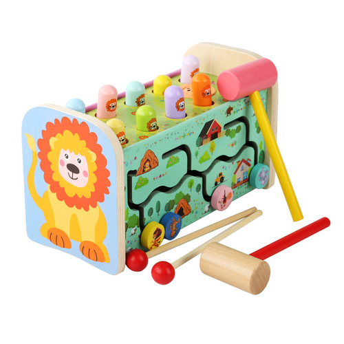 Wooden lion three-in-one multi-functional music whack-a-mole knocking table knocking piano maze moving game wooden toy