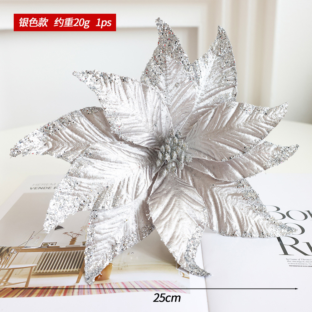 Flores y hojas artificiales con brillo para árbol o arreglos navideños, decoración elegante