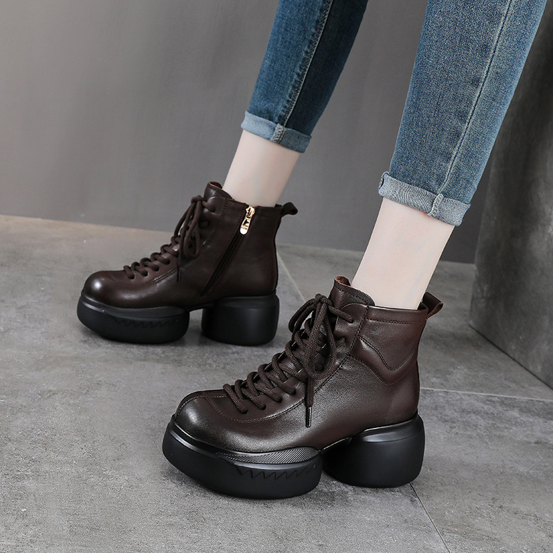 秋冬新款头层牛皮单靴粗跟厚底短靴棉靴高级感靴子真皮女士马丁靴