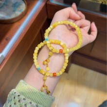 天然俄料鸡油黄蜜蜡方糖单圈手串配绿松尺寸6毫米原矿蜜蜡直播供