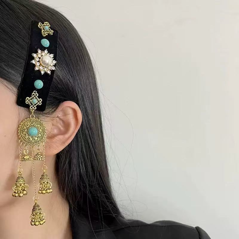 民族风治愈系闪钻珍珠名族风前额流苏边夹女个性刘海夹发卡发饰|undefined