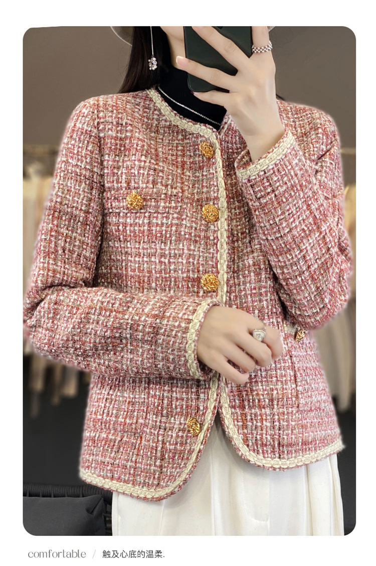 法米姿 高端长袖毛呢外套女春秋气质名媛圆领上衣法式小香风短款