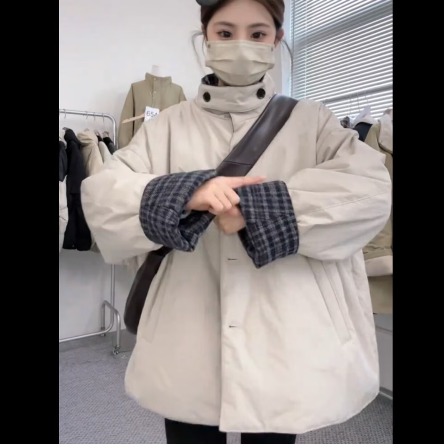 厂家直销复古黑灰格子两面穿夹棉外套女冬小个子慵懒宽松棉服棉衣