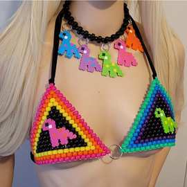 欧美风马卡龙彩色串珠文胸小背心 时尚靓丽比基尼链 手工编织vest