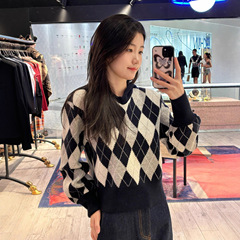 南油品质海军领土星刺绣菱格羊毛针织套头毛衣女25秋冬新款