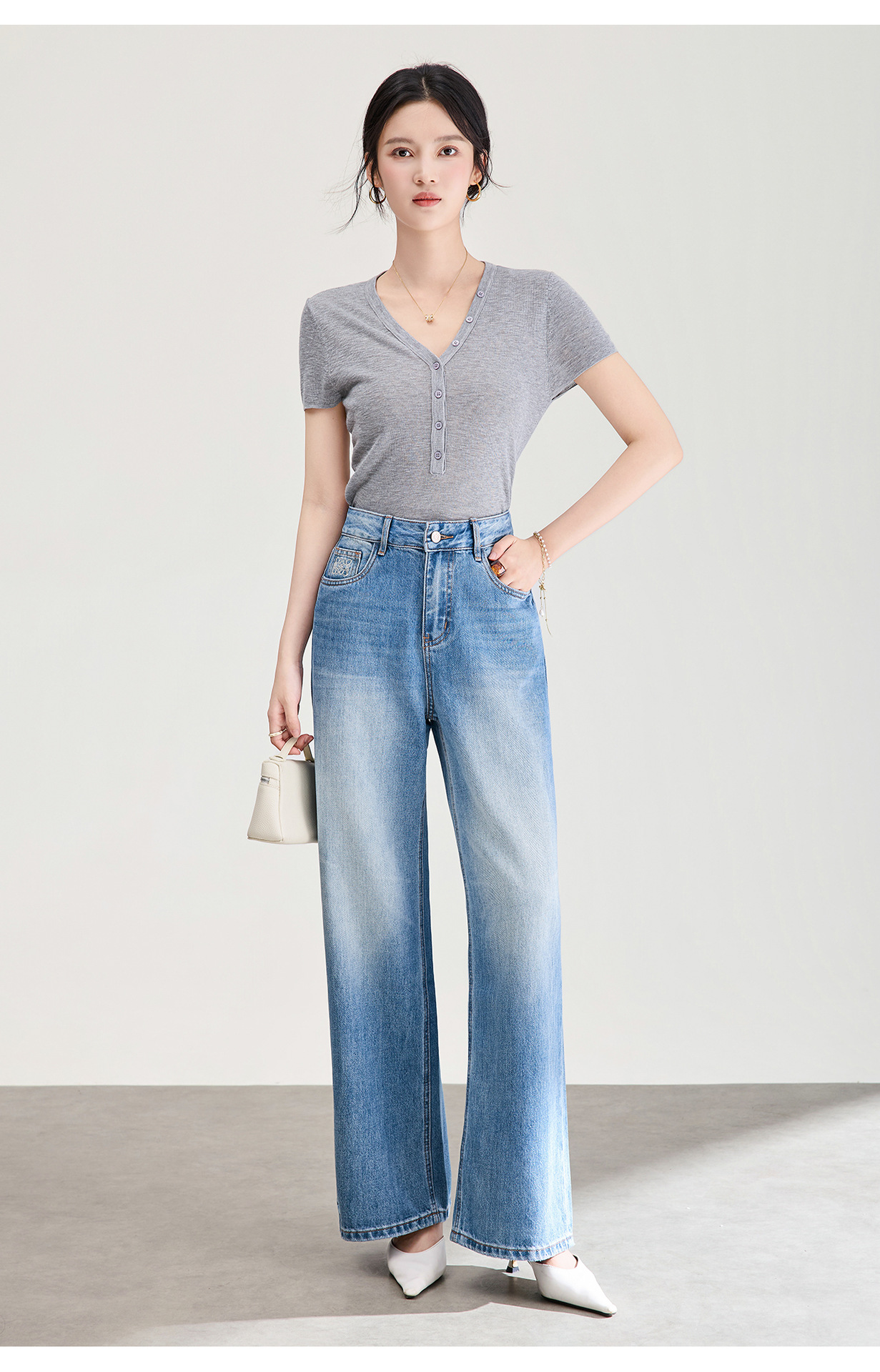 Quần jean ống rộng vải Tencel cotton phong cách retro, dáng suông rũ nhẹ mùa hè — xanh lam chi tiết 20