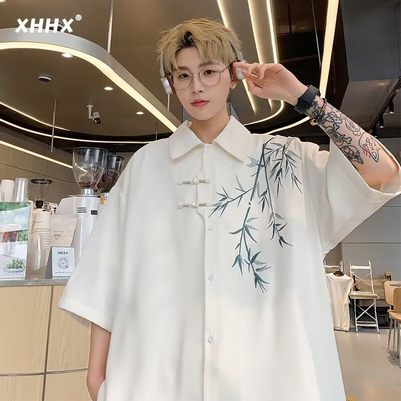 New Chinese Style Shirt for Men, Spring and Autumn Trendy Brand, Loose Embroidered Shirt, Summer Short-Sleeved Men's Top, National Style Embroidery New Chinese Style Shirt for Men, Spring and Autumn Trendy Brand, Loose Embroidered Shirt, Summer Short-Sleeved Men's Top, National Style Embroidery
