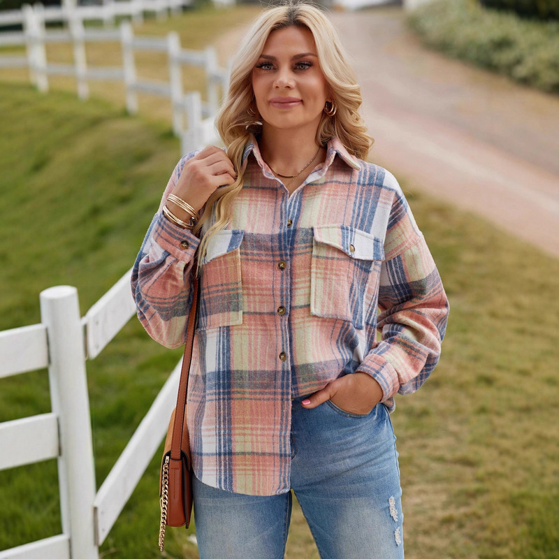 Loose Long-Sleeve Plaid Button Cardigan for Women, European and American Style, New Breathable Top with Lapel and Pockets