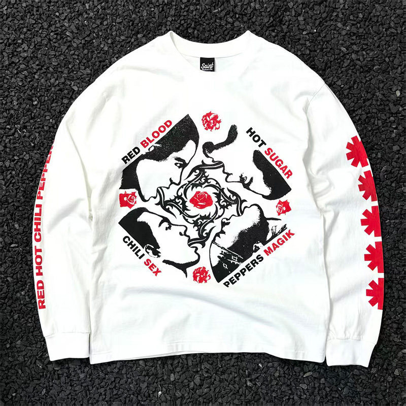 Saint Xrhcp Red Hot Chili Peppers Co-Branded Washed Long-Sleeved T-Shirt for Men and Women Trendy Brands Saint Xrhcp Red Hot Chili Peppers Co-Branded Washed Long-Sleeved T-Shirt for Men and Women Trendy Brands