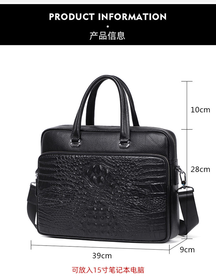 Túi xách nam da bò thật vân cá sấu, cặp công sở đựng tài liệu 14 inch — Màu đen chi tiết 9
